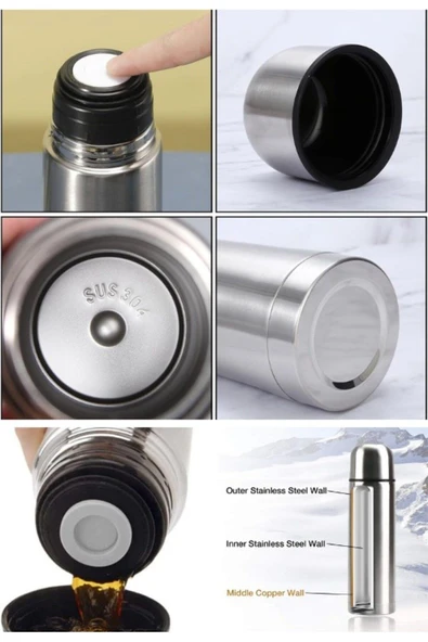 12 Saate Kadar Sıcak Soğuk Tutma 1 LT Çift Katmanlı Çay Kahve Kamp Piknik Termosu SUS304 Çelik İnox - 2