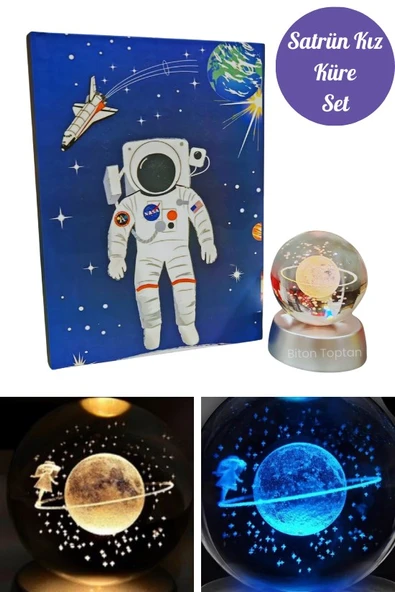 Satürn Kız Cam Küre Ve Nasa Defter Set Renk Değiştiren Işıklı Dekoratif Küre Set - 3