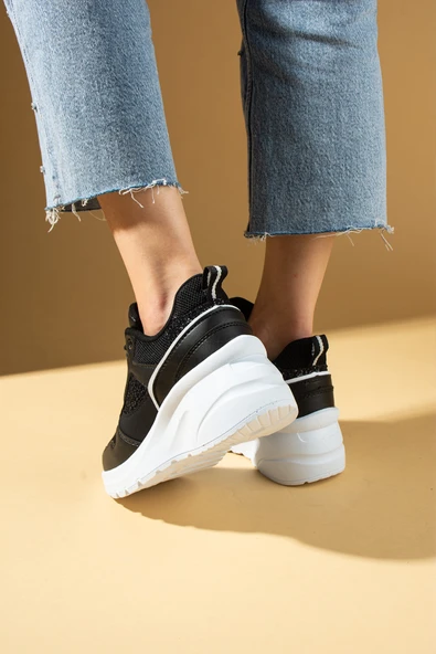 Pembe Potin Kalın Taban Bağcıklı Fileli Taş Detaylı Kadın Sneakers 89-044-25Byaz - 3