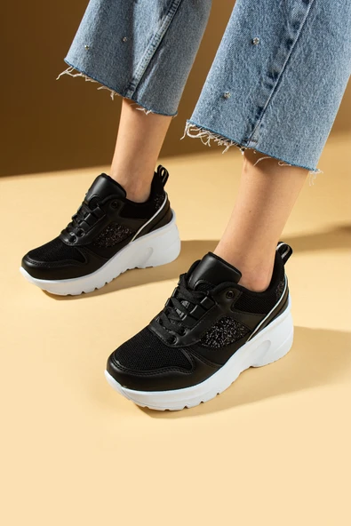 Pembe Potin Kalın Taban Bağcıklı Fileli Taş Detaylı Kadın Sneakers 89-044-25Byaz