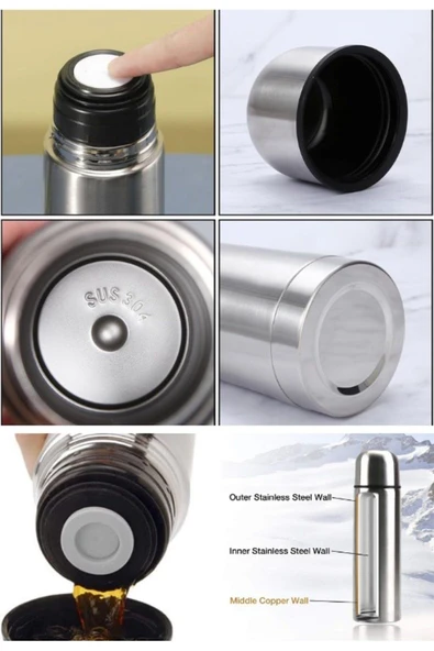 12 Saate Kadar Sıcak Soğuk Tutma 750ML Çift Katmanlı Çay Kahve Kamp Piknik Termosu SUS304 Çelik İnox - 2