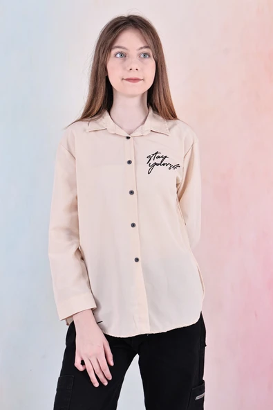 Kız Çocuk Panelli ve Yazı Baskılı Gömlek 6-15 Yaş 12255 - 10