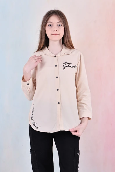 Kız Çocuk Panelli ve Yazı Baskılı Gömlek 6-15 Yaş 12255 - 8