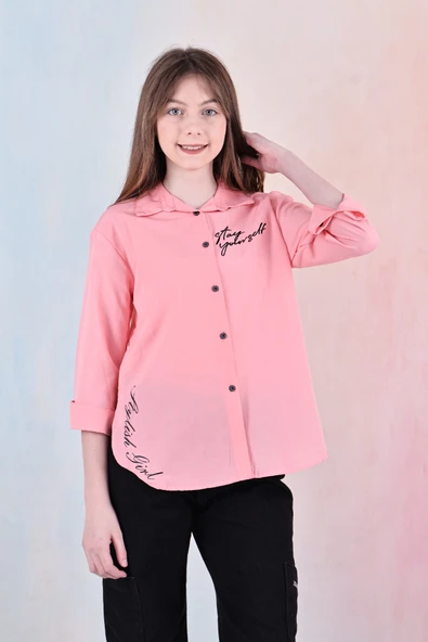 Kız Çocuk Panelli ve Yazı Baskılı Gömlek 6-15 Yaş 12255 - 6