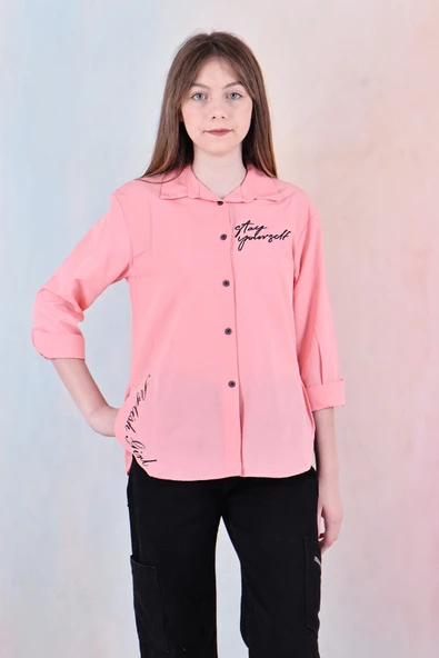 Kız Çocuk Panelli ve Yazı Baskılı Gömlek 6-15 Yaş 12255 - 4