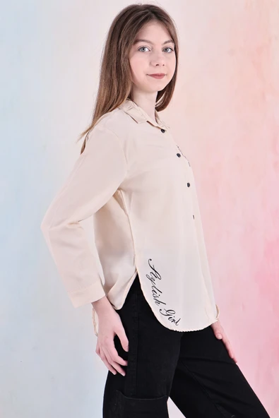 Kız Çocuk Panelli ve Yazı Baskılı Gömlek 6-15 Yaş 12255 - 11