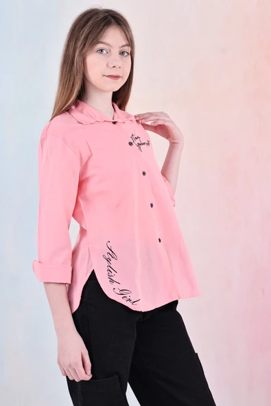 Kız Çocuk Panelli ve Yazı Baskılı Gömlek 6-15 Yaş 12255 - 7