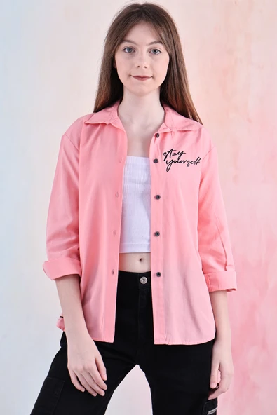 Kız Çocuk Panelli ve Yazı Baskılı Gömlek 6-15 Yaş 12255 - 5