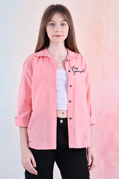 Kız Çocuk Panelli ve Yazı Baskılı Gömlek 6-15 Yaş 12255 - 3