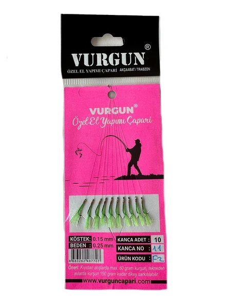 VURGUN 80gr 10 İğneli F2 Kısa Köstek Siyah İğne Yeşil Organze Çapari - Resim 3