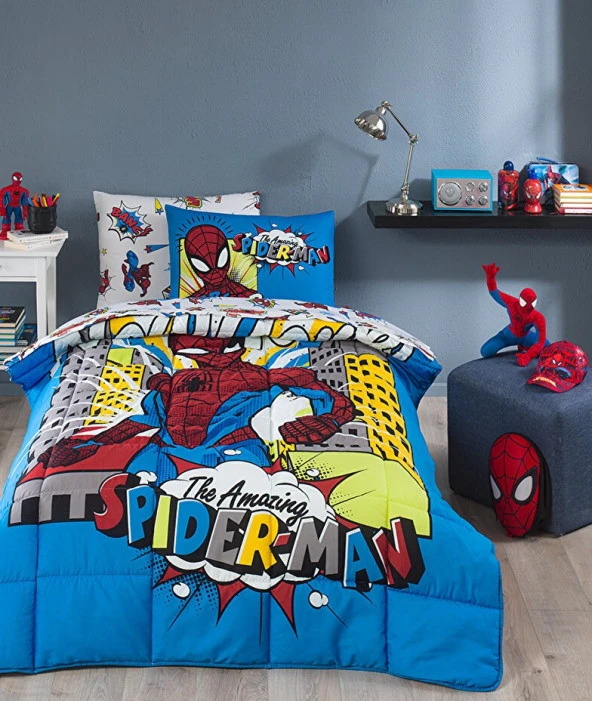 Özdilek Lastikli Çarşaflı Lisanslı Tek Kişilik Çocuk Uyku Seti-Spiderman New York Mavi