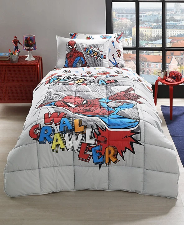 Özdilek Lastikli Çarşaflı Lisanslı Tek Kişilik Çocuk Uyku Seti-Spiderman Wall Gri