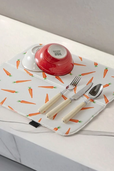 Bulaşık Kurutma Örtüsü, Bulaşıklık, Tezgah Üstü Bulaşık Matı, Süper Emici Mutfak Matı, Havuç Desenli - 2