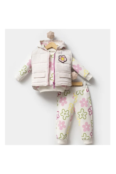 Hippıl Baby KIZ BEBEK YELEKLİ SWEATLİ ÇİÇEK DESEN TAKIM