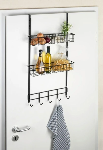 Saban Metal,Siyah Askılı Kapı Rafı –2 Sepetli + 5 Kancalı, Mutfak, Banyo ve Yatak Odası 39 x 75 x 10 cm