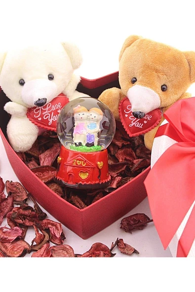 Dekoratif Sevgiliye Eşe Sürpriz Hediye Kalp Kutuda Mini Ayıcıklar ve Sevgililer Kar Küresi Seti - Resim 2