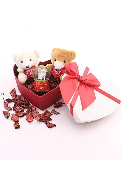 Dekoratif Sevgiliye Eşe Sürpriz Hediye Kalp Kutuda Mini Ayıcıklar ve Sevgililer Kar Küresi Seti ürün görseli 1