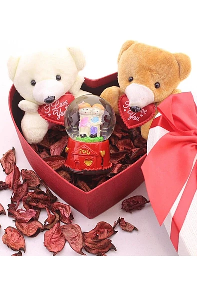 Dekoratif Sevgiliye Eşe Sürpriz Hediye Kalp Kutuda Mini Ayıcıklar ve Sevgililer Kar Küresi Seti - Resim 5