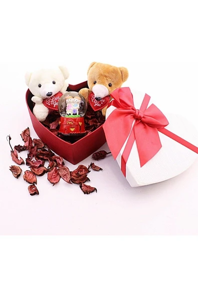 Dekoratif Sevgiliye Eşe Sürpriz Hediye Kalp Kutuda Mini Ayıcıklar ve Sevgililer Kar Küresi Seti - Resim 4