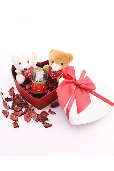 Dekoratif Sevgiliye Eşe Sürpriz Hediye Kalp Kutuda Mini Ayıcıklar ve Sevgililer Kar Küresi Seti - Resim 3