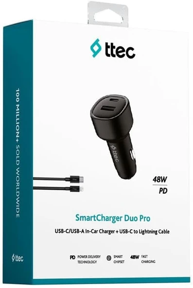 ttec SmartCharger Duo PD 48W Araç Hızlı Şarj Aleti USB-C+USB-A - USB-C-Lightning Kablo Siyah