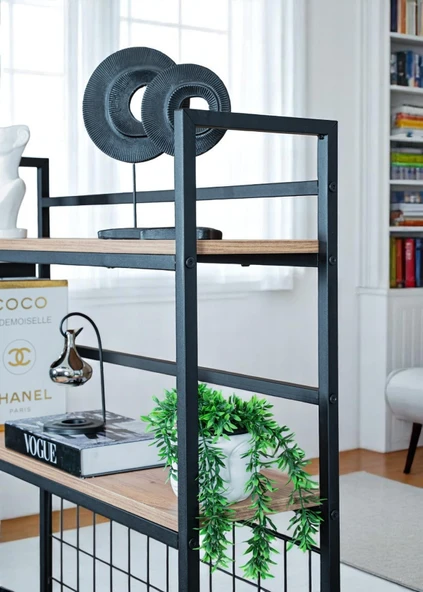 DEKORATİF 2 RAFLI METAL ÇALIŞMA MASASI AHŞAP RAFLI KİTAPLIK BİLGİSAYAR VE LAPTOP MASASI - 4