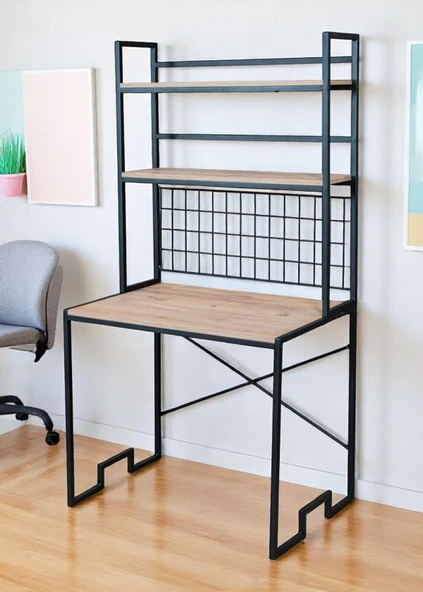 DEKORATİF 2 RAFLI METAL ÇALIŞMA MASASI AHŞAP RAFLI KİTAPLIK BİLGİSAYAR VE LAPTOP MASASI - 8