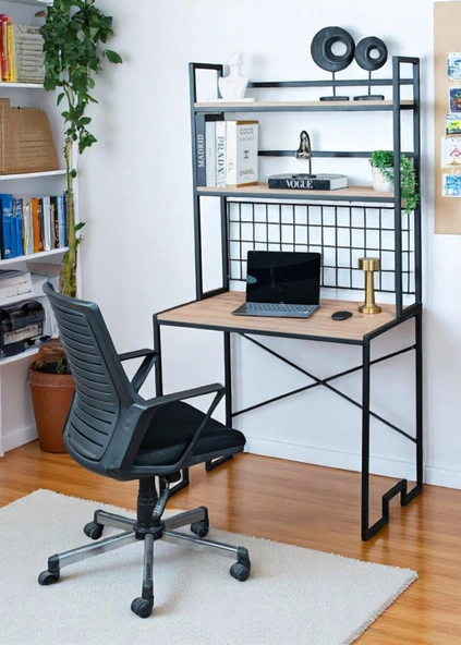 DEKORATİF 2 RAFLI METAL ÇALIŞMA MASASI AHŞAP RAFLI KİTAPLIK BİLGİSAYAR VE LAPTOP MASASI