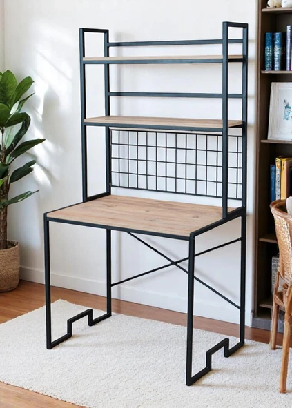 DEKORATİF 2 RAFLI METAL ÇALIŞMA MASASI AHŞAP RAFLI KİTAPLIK BİLGİSAYAR VE LAPTOP MASASI - 3