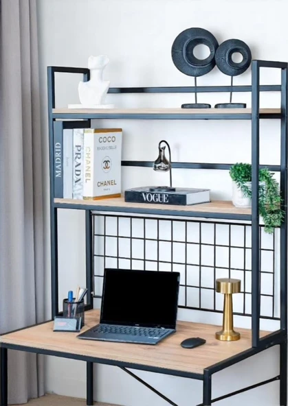 DEKORATİF 2 RAFLI METAL ÇALIŞMA MASASI AHŞAP RAFLI KİTAPLIK BİLGİSAYAR VE LAPTOP MASASI - 7