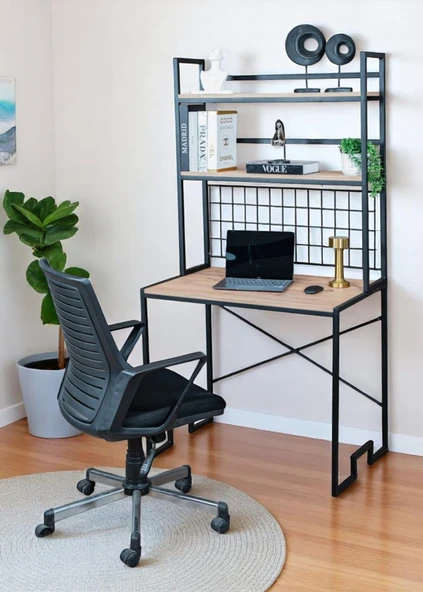 DEKORATİF 2 RAFLI METAL ÇALIŞMA MASASI AHŞAP RAFLI KİTAPLIK BİLGİSAYAR VE LAPTOP MASASI - 6