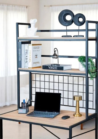 DEKORATİF 2 RAFLI METAL ÇALIŞMA MASASI AHŞAP RAFLI KİTAPLIK BİLGİSAYAR VE LAPTOP MASASI - 2