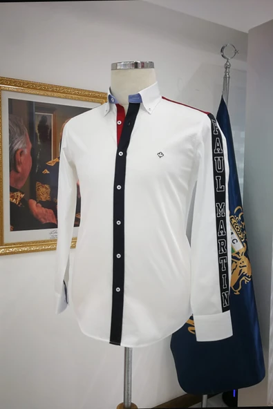 Paul Martin Garnili Slimfit Pamuklu Kolları Şeritli Yaka Düğmeli Gömlek