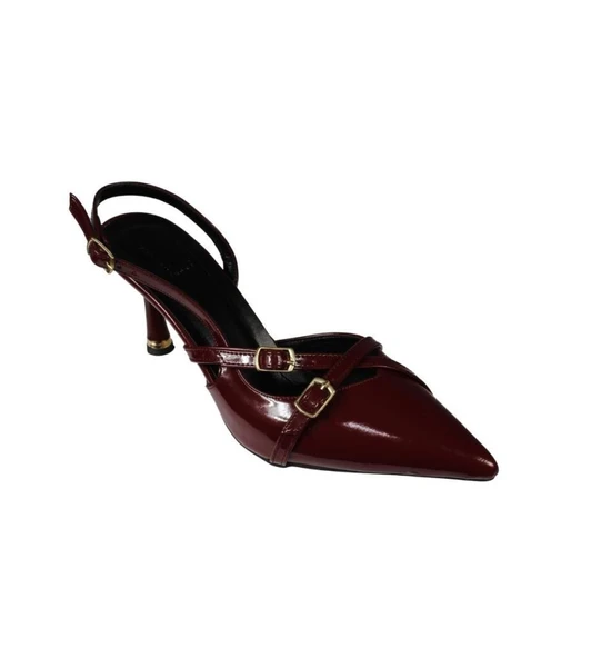 YAZKIŞ Kadın Siyah Ten Bordo Rugan Üstü Kemer Geçkili Sivri Burun 8cm İnce Topuk Stiletto Ayakkabı - Resim 6