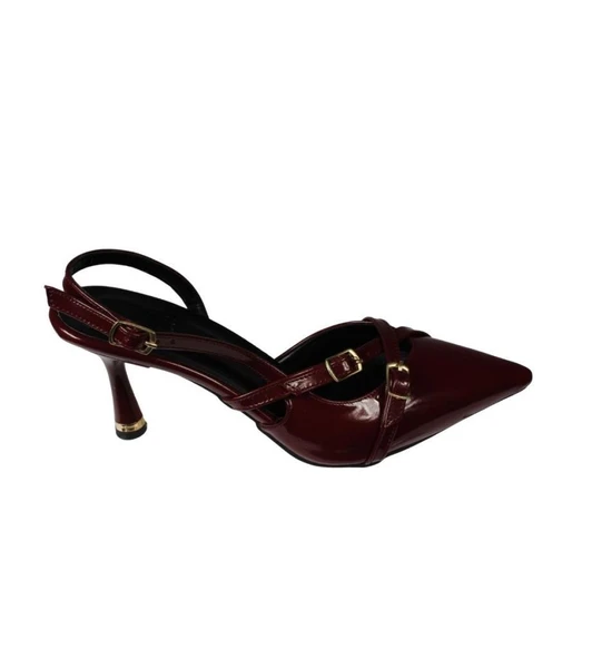 YAZKIŞ Kadın Siyah Ten Bordo Rugan Üstü Kemer Geçkili Sivri Burun 8cm İnce Topuk Stiletto Ayakkabı - Resim 9