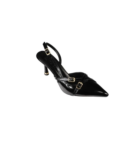 YAZKIŞ Kadın Siyah Ten Bordo Rugan Üstü Kemer Geçkili Sivri Burun 8cm İnce Topuk Stiletto Ayakkabı ürün görseli