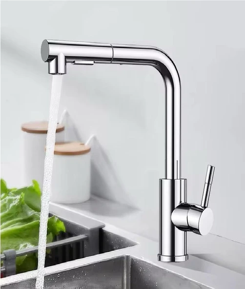 KROM SPİRALLİ EVİYE BATARYASI ÇİFT MODLU ÇEK BIRAK UZAYAN BAŞLIK PRİNÇ GÖVDE MUTFAK MUSLUK