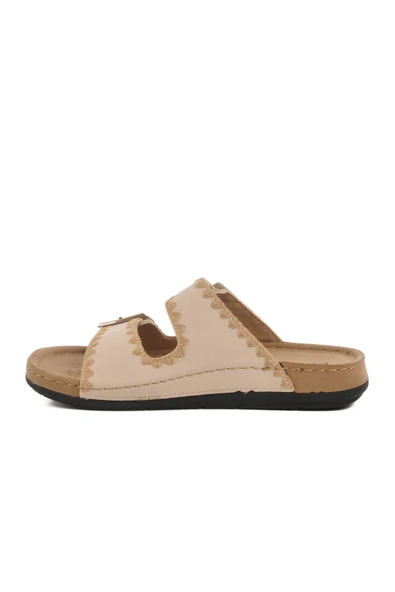 Aspor Bej Anatomik Çift Bantlı Kadın Düz Terlik - 2