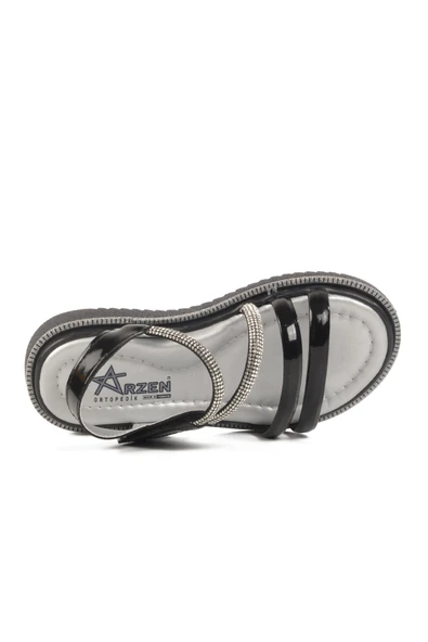 Aspor Siyah Rugan Cırtlı Ortopedik Kız Çocuk Düz Sandalet - Resim 4