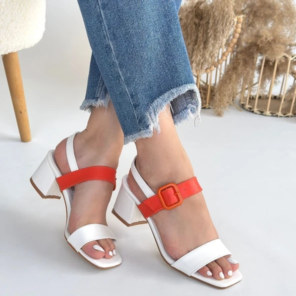 Pabucmarketi Beyaz Turuncu Kadın Topuklu Sandalet - Resim 4