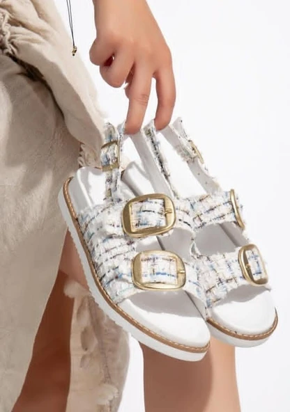 Pabucmarketi Beyaz Simli Tekstil Kadın Düz Sandalet ürün görseli