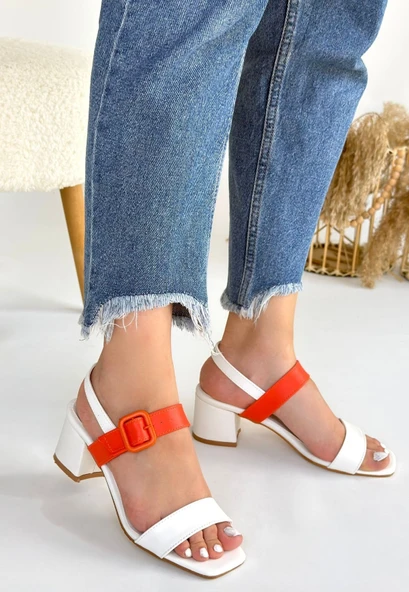 Pabucmarketi Beyaz Turuncu Kadın Topuklu Sandalet - Resim 3