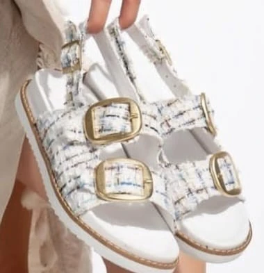 Pabucmarketi Beyaz Simli Tekstil Kadın Düz Sandalet - Resim 2