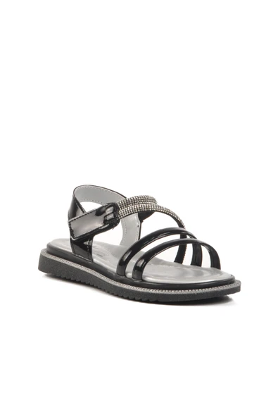 Aspor Siyah Rugan Cırtlı Ortopedik Kız Çocuk Düz Sandalet - Resim 3