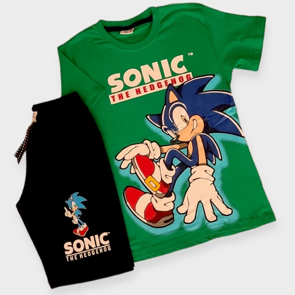 Sonic Desenli Yeşil Renk Şortlu Takım - 3