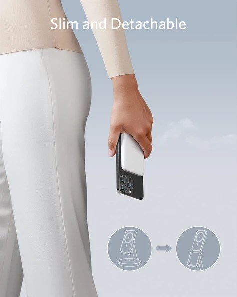 Anker PowerWave MagGo 2in1 Stand Magsafe Uyumlu 5000 mAh Powerbank & Stand Beyaz - B25A7 - Resim 4