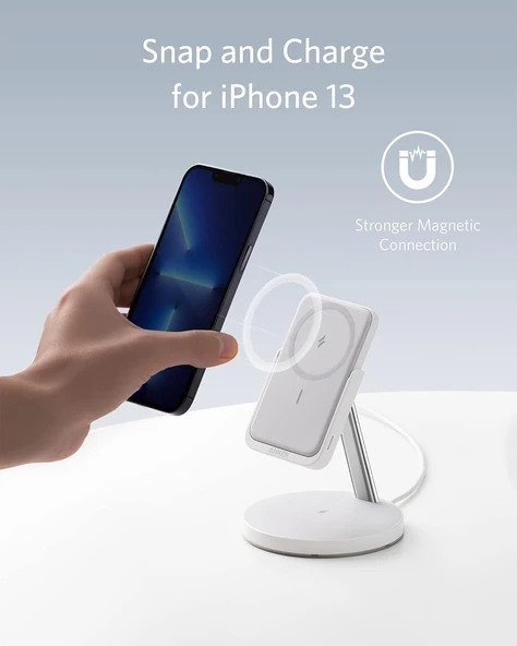 Anker PowerWave MagGo 2in1 Stand Magsafe Uyumlu 5000 mAh Powerbank & Stand Beyaz - B25A7 - Resim 2