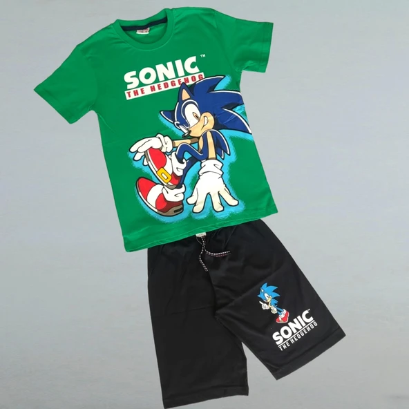 Sonic Desenli Yeşil Renk Şortlu Takım - 2