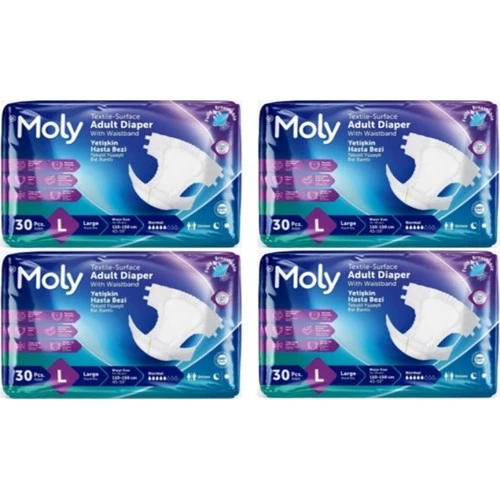 Moly Tekstil Yüzeyli Large Büyük Boy Belbantlı Hasta Bezi 30 lu 4 paket / 120 adet - 1