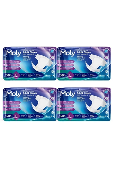 Moly Tekstil Yüzeyli Large Büyük Boy Belbantlı Hasta Bezi 30 lu 4 paket / 120 adet - 2
